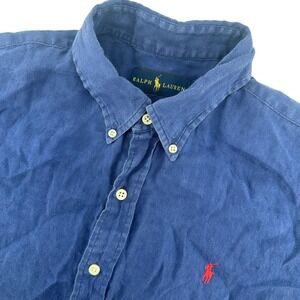 Ralph Lauren Mens Large Navy 100% Linen Button Down Shirt Short Sleeve Casual